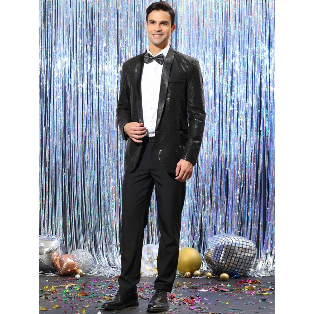 Sequin Sport Coats Shawl Lapel One Button Wedding Shiny Blazer Black - Picture 3 of 6
